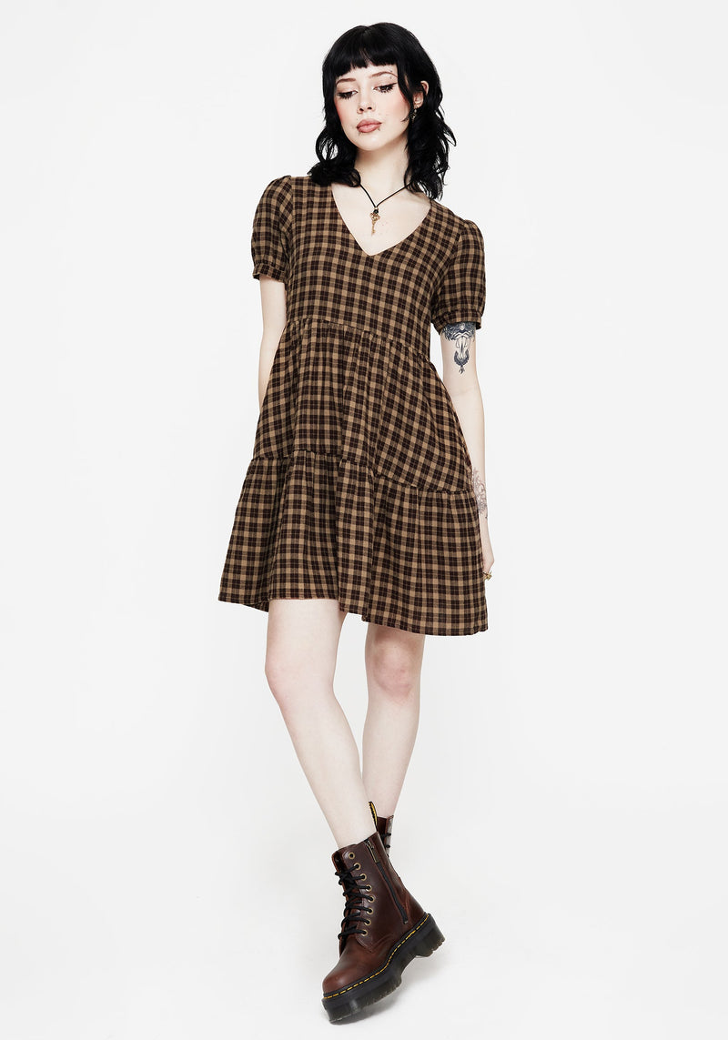 Terra Cotton Check Smock Mini Dress - Brown