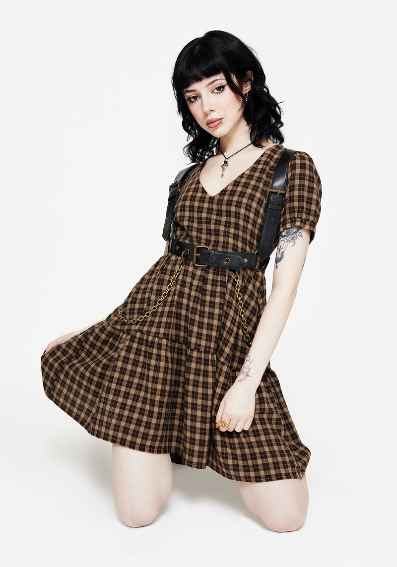 Terra Cotton Check Smock Mini Dress - Brown