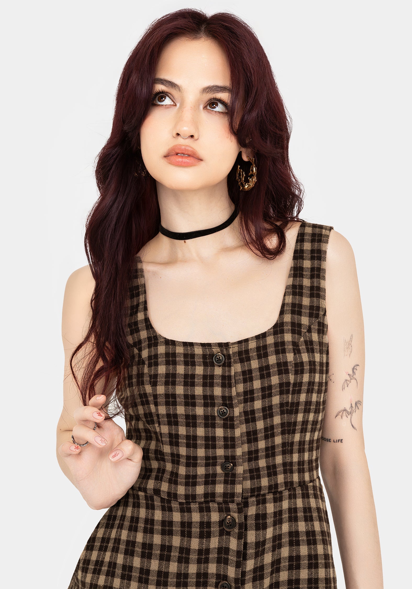 Terra Cotton Check Sleeveless Button Up Mini Dress - Brown – Disturbia