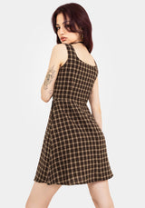 Terra Cotton Check Sleeveless Button Up Mini Dress - Brown