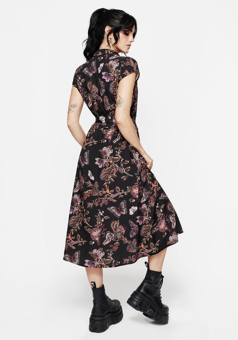 Eloise Floral Butterfly Print Button Up Midi Dress