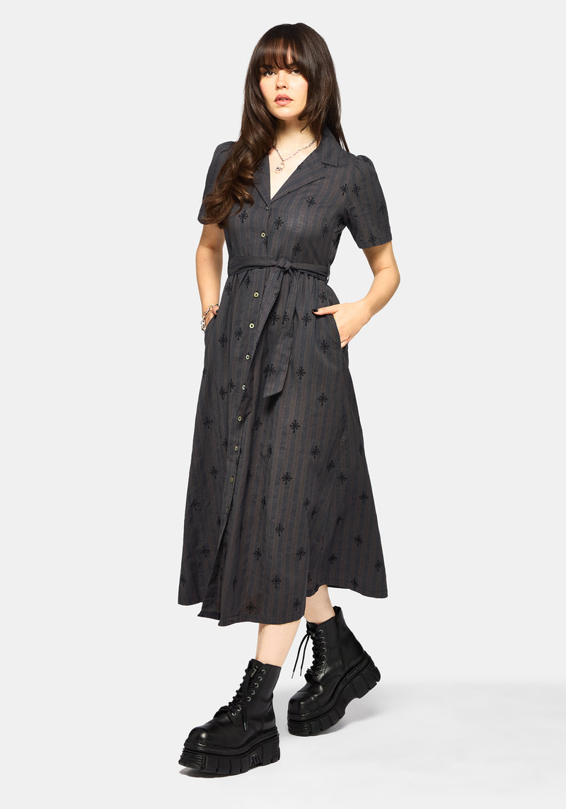 Diana Cotton Blend Stripe Cross Embroidered Midaxi Shirt Dress