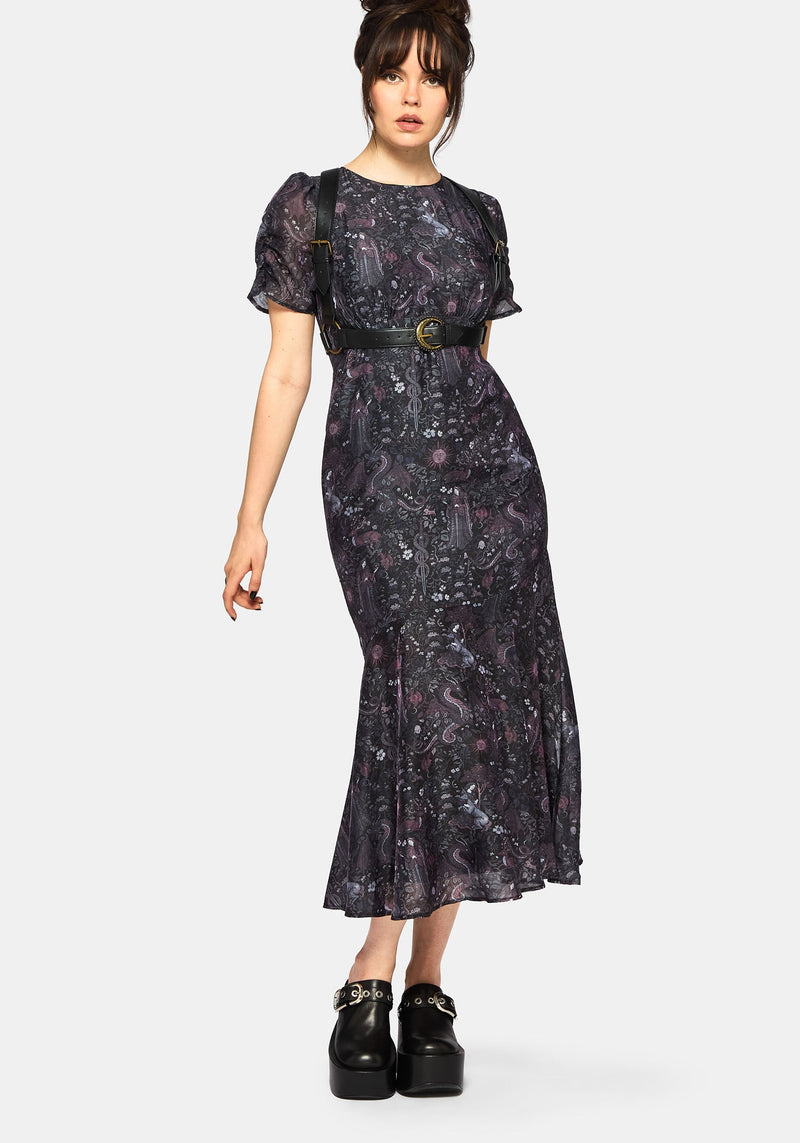 Haunt Medieval Print Chiffon Maxi Dress