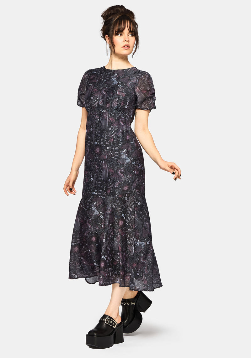 Haunt Medieval Print Chiffon Maxi Dress