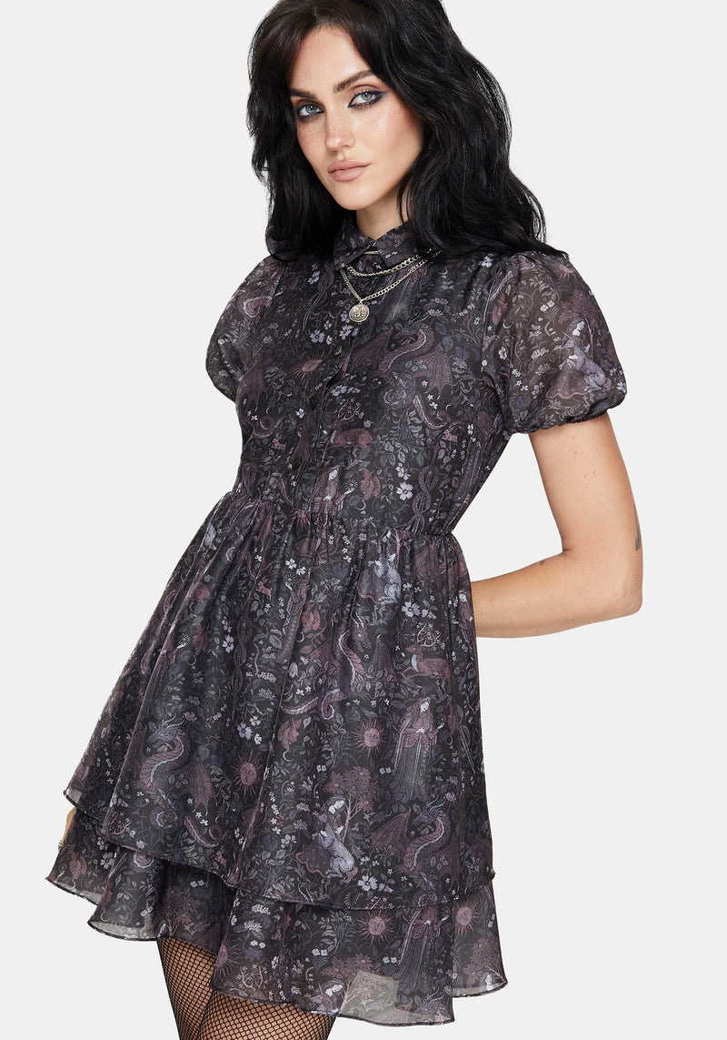 Haunt Medieval Print Chiffon Smocked Mini Dress