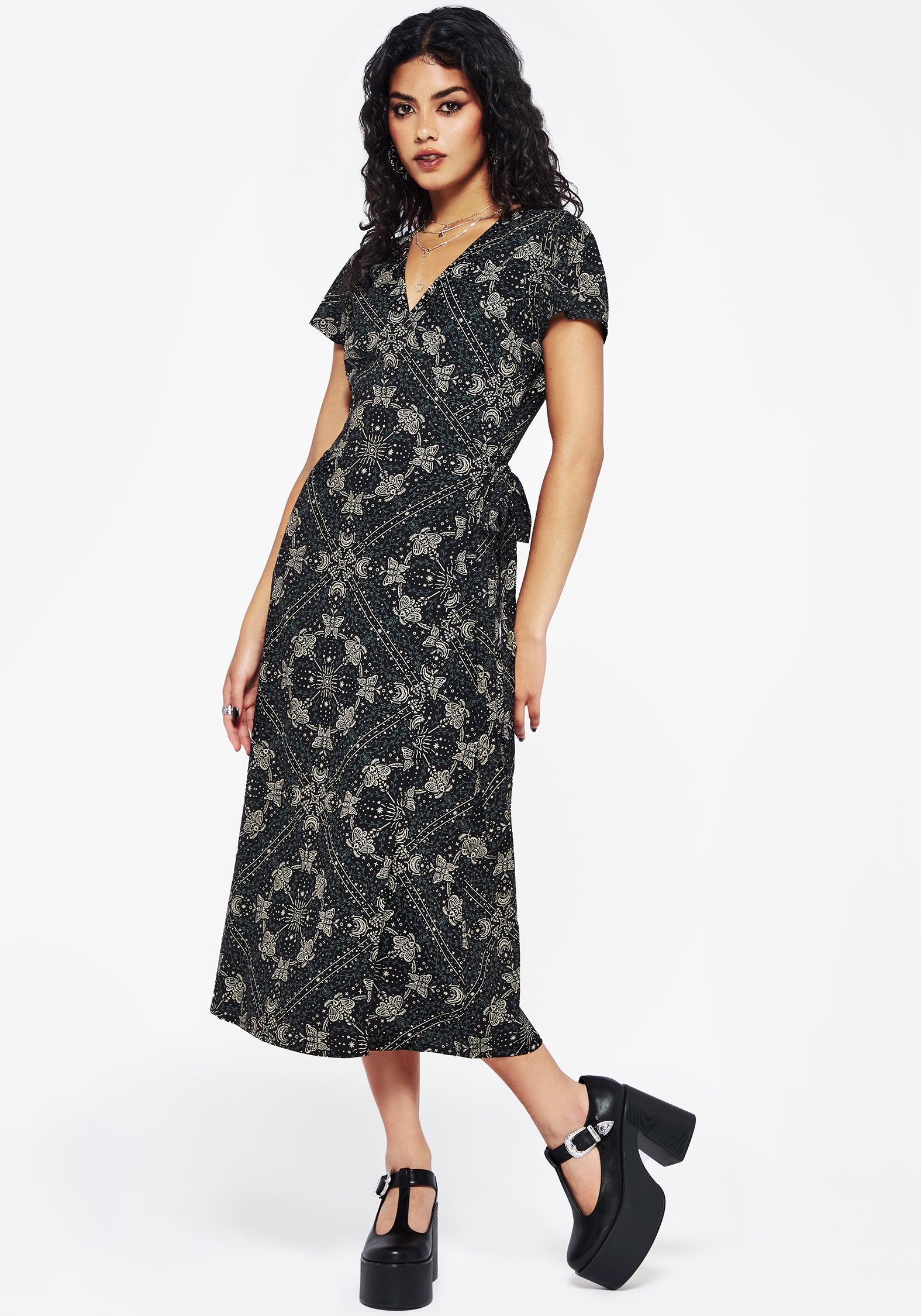 Poem Motte Druck Wickel Midi Kleid