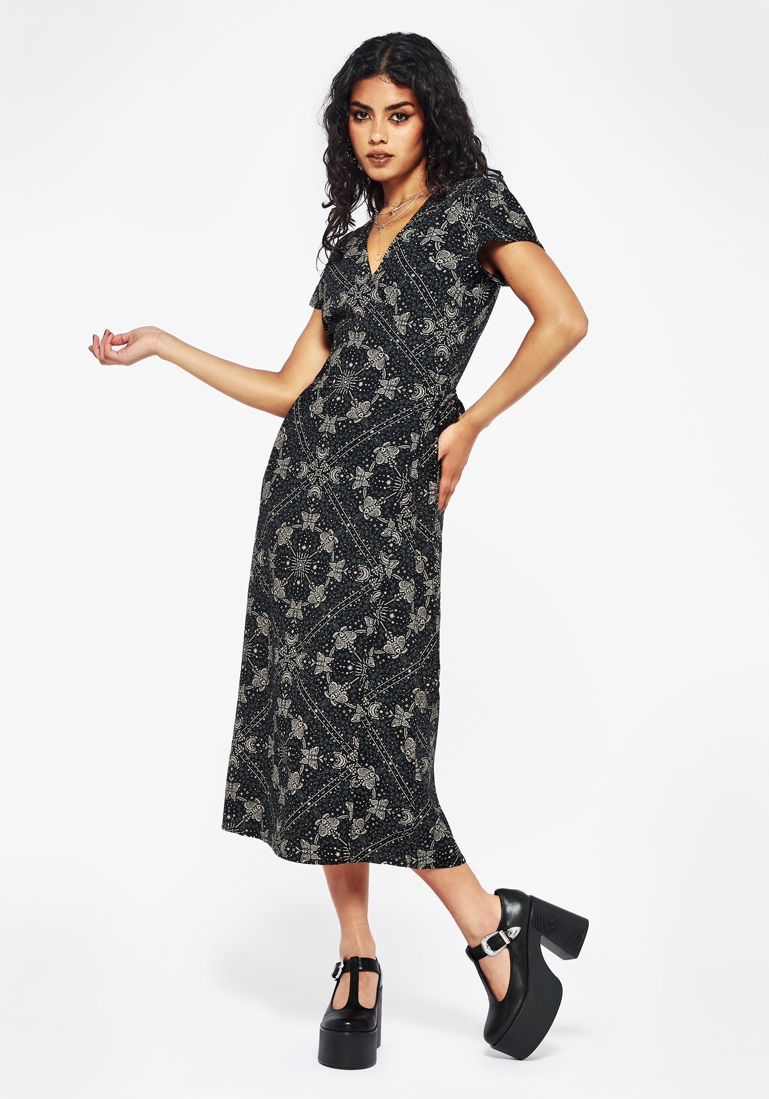 Poem Motte Druck Wickel Midi Kleid