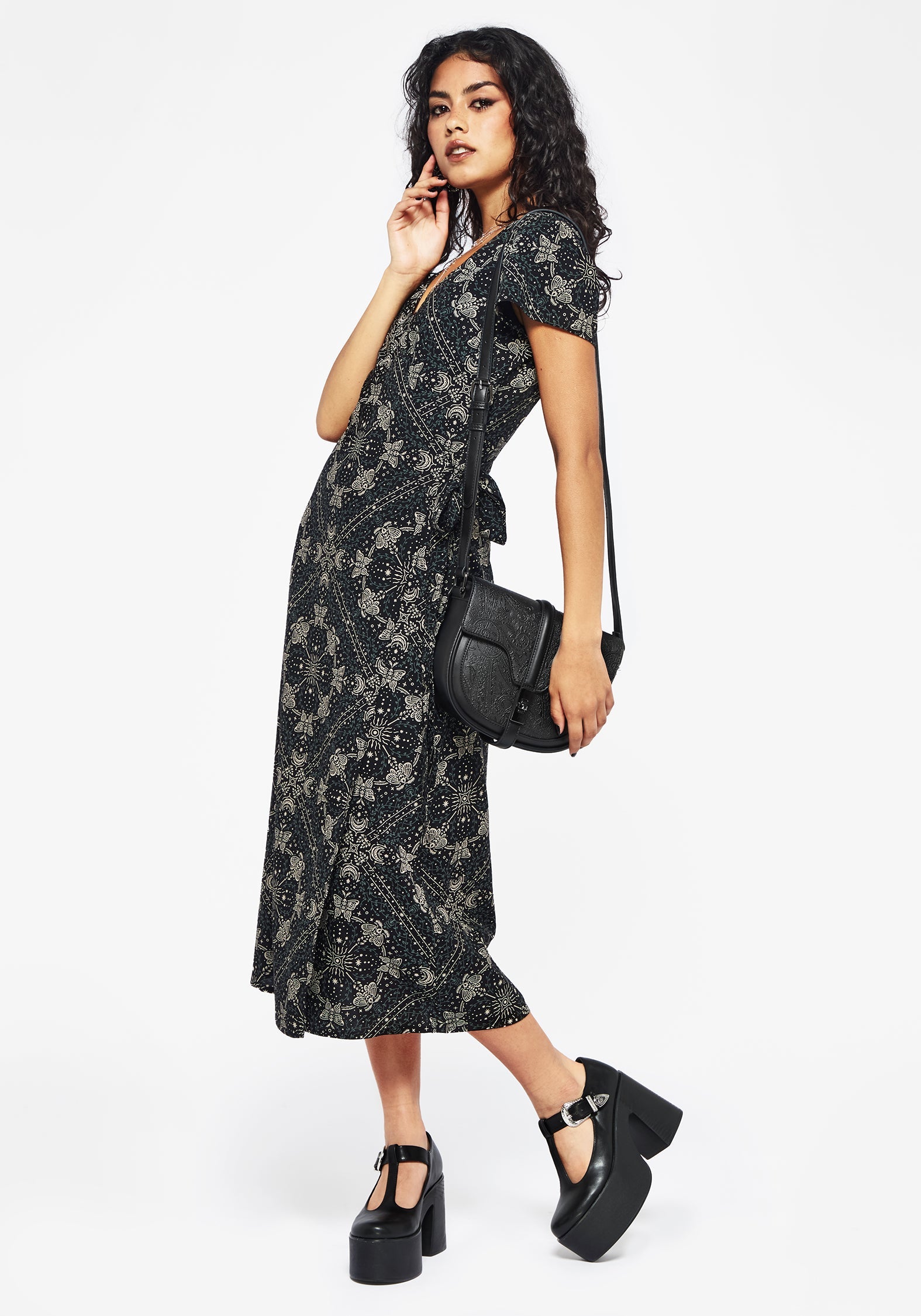 Poem Motte Druck Wickel Midi Kleid