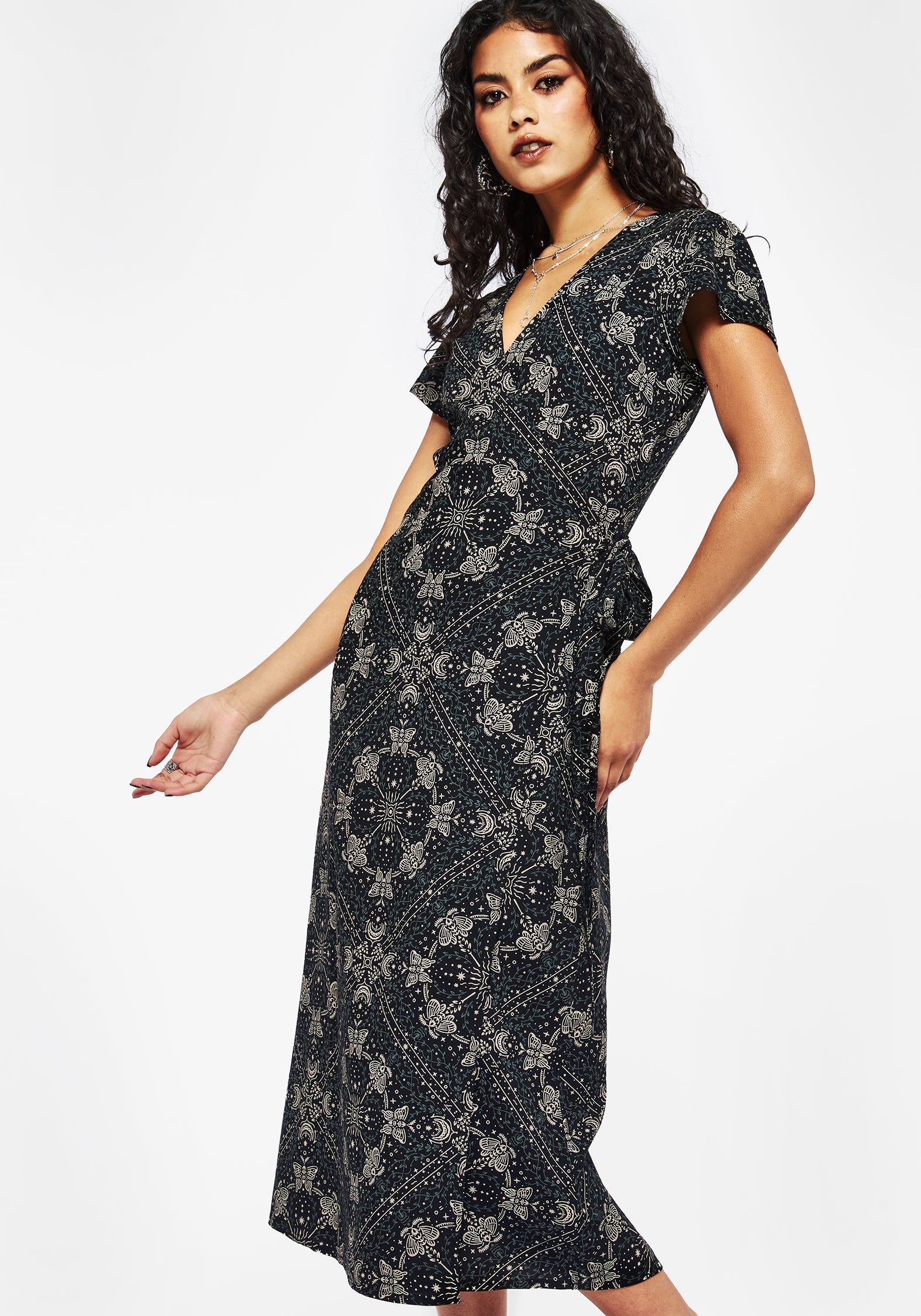 Poem Motte Druck Wickel Midi Kleid