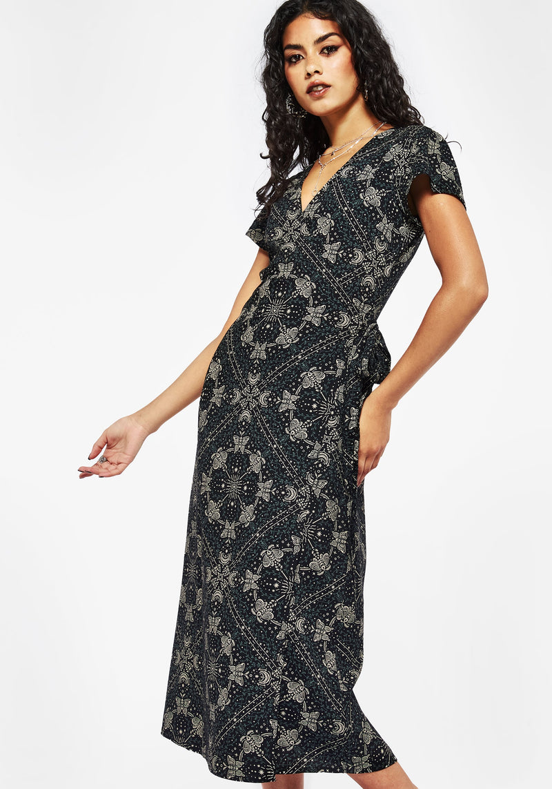 Poem Moth Print Wrap Midi Dress