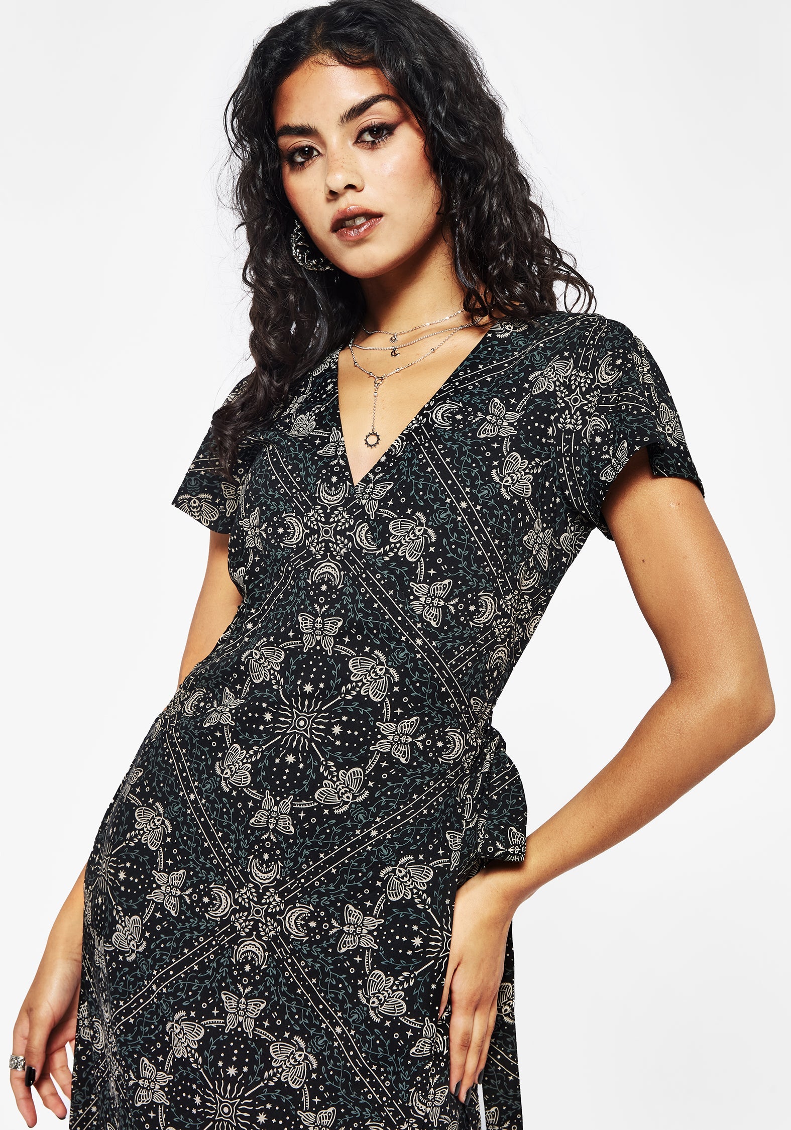 Poem Motte Druck Wickel Midi Kleid