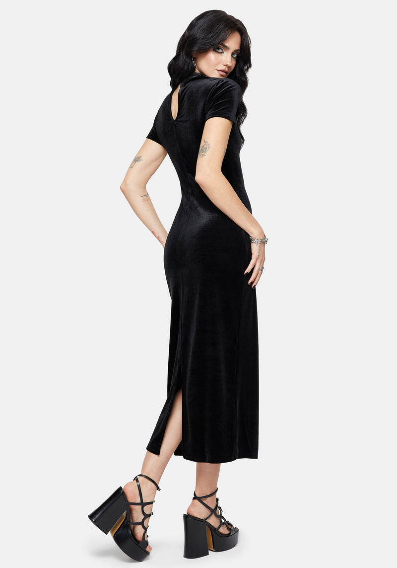 Cameo High Neck Flocked Mesh Insert Midi Dress
