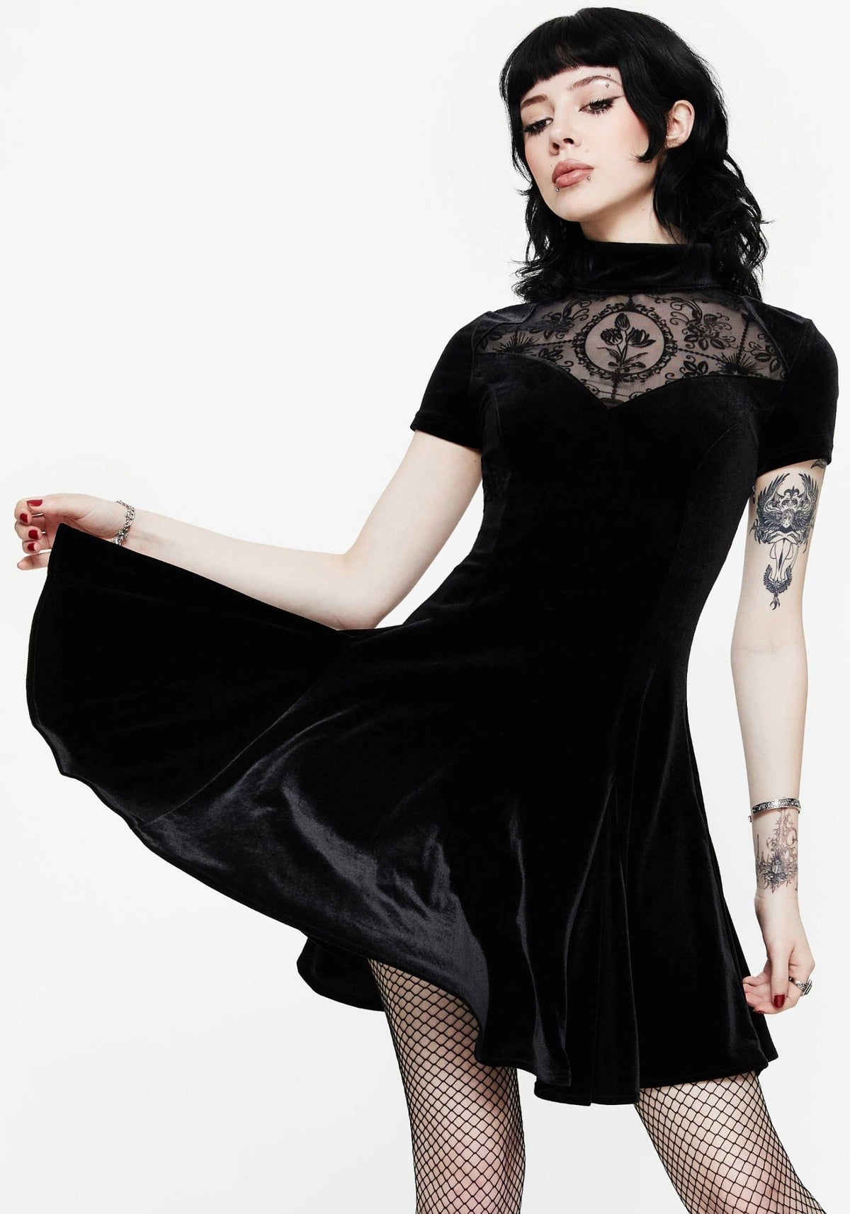 Cameo High Neck Flocked Mesh Insert Skater Mini Dress