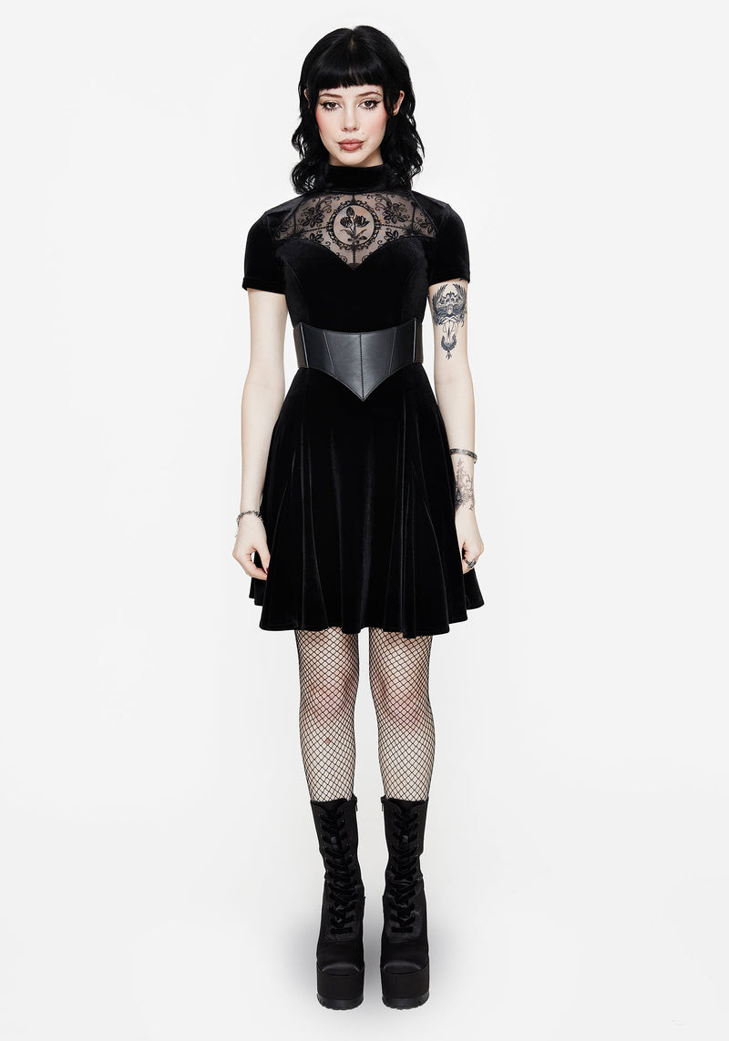 Cameo High Neck Flocked Mesh Insert Skater Mini Dress