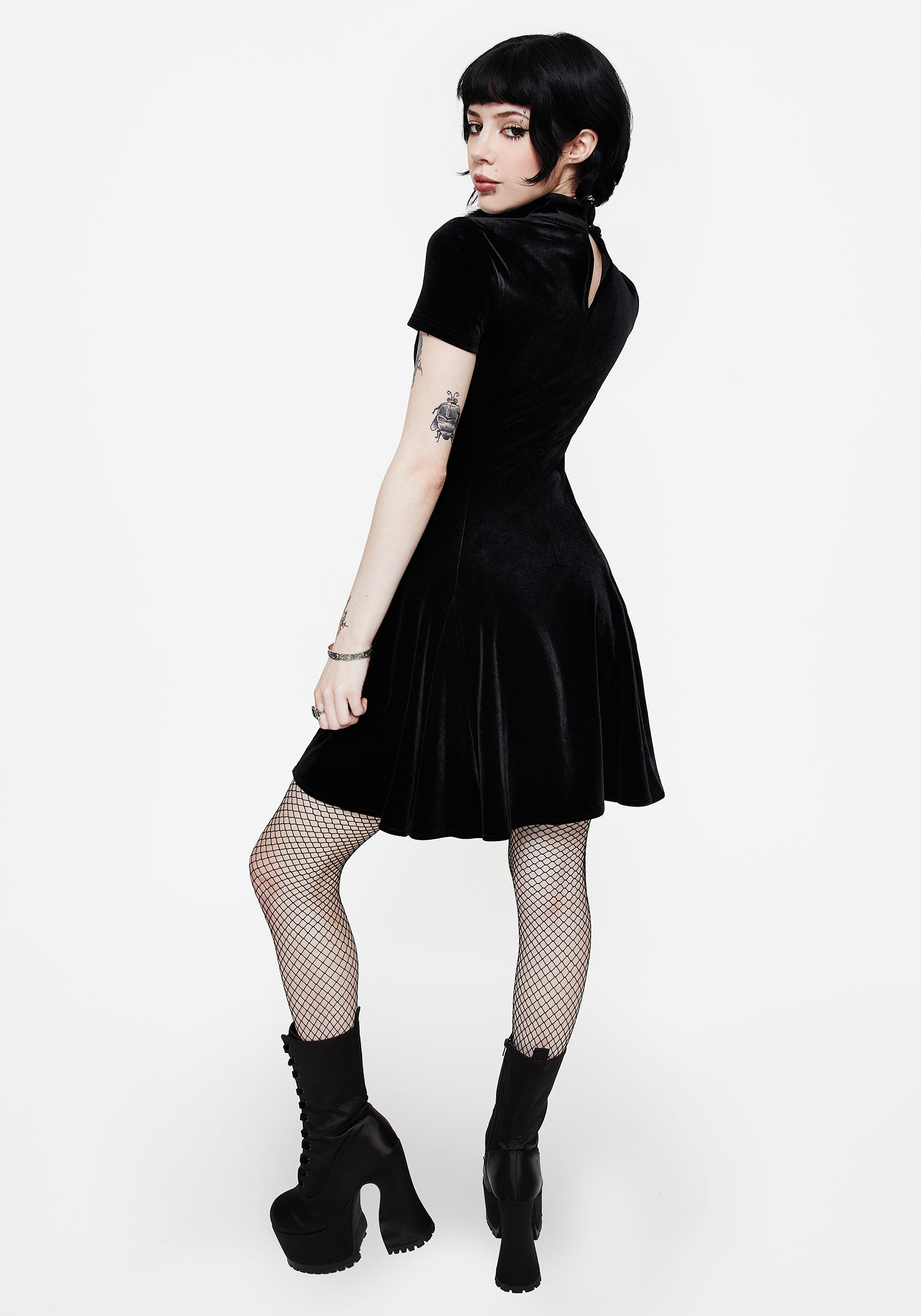 Cameo High Neck Flocked Mesh Insert Skater Mini Dress