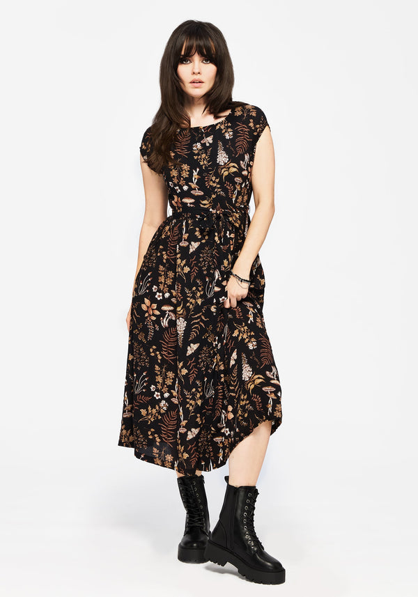 Luthien Crinkle Printed Button Up Midi Dress