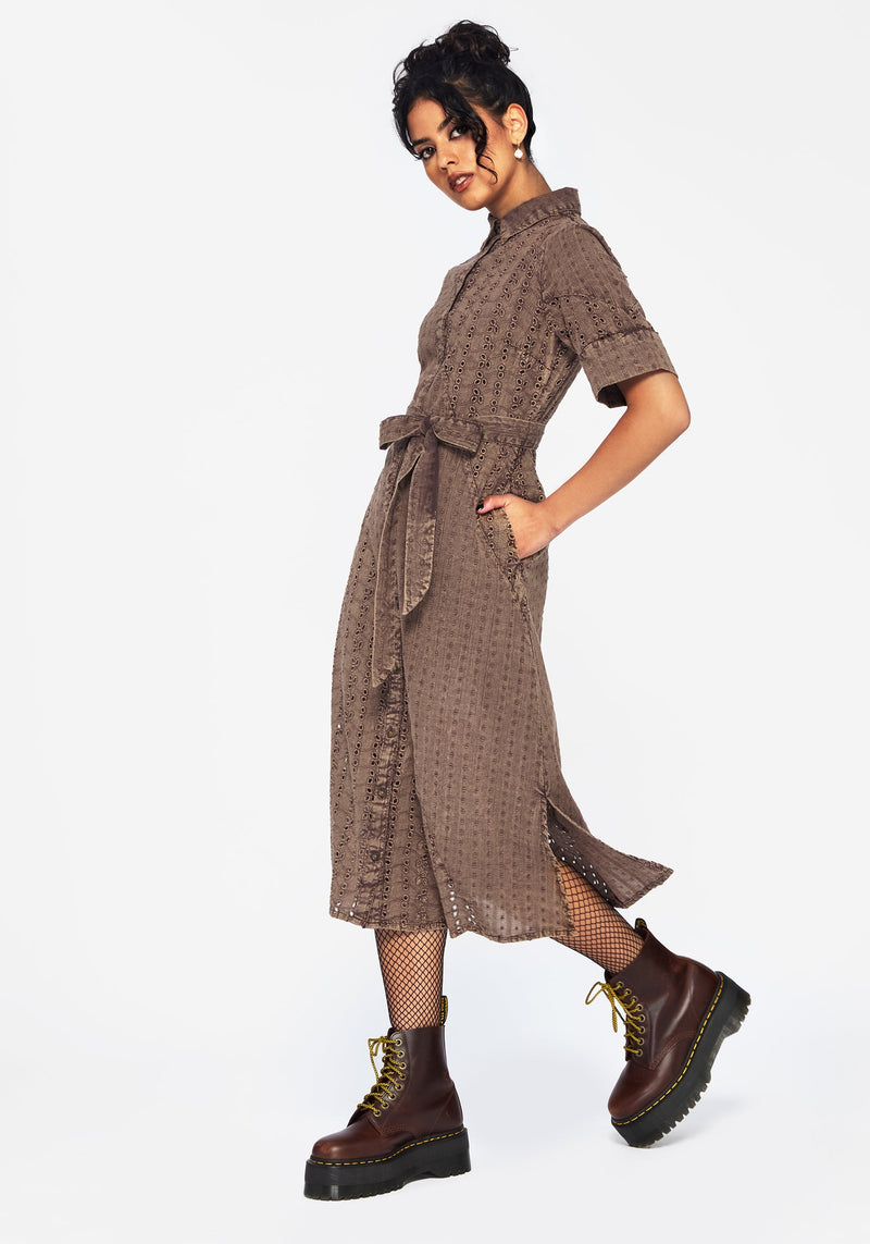 Summerisle Cotton Broderie Detail Tie Wrap Midi Shirt Dress