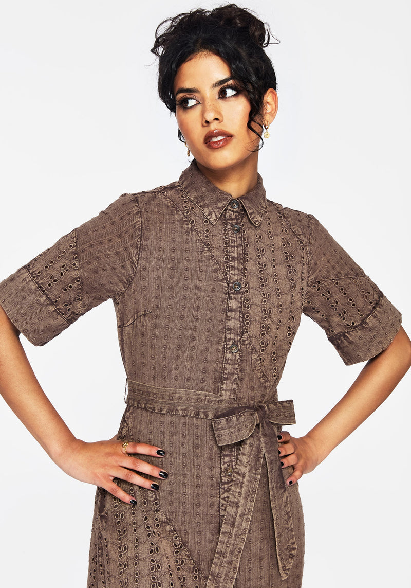 Summerisle Cotton Broderie Detail Tie Wrap Midi Shirt Dress