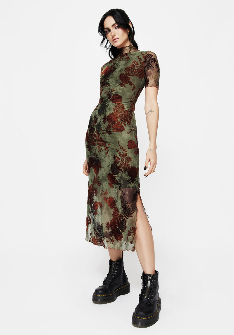 Rosaleigh Flock Velour Mesh Short Sleeved Midaxi Dress