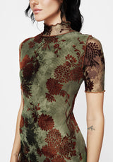 Rosaleigh Flock Velour Mesh Short Sleeved Midaxi Dress