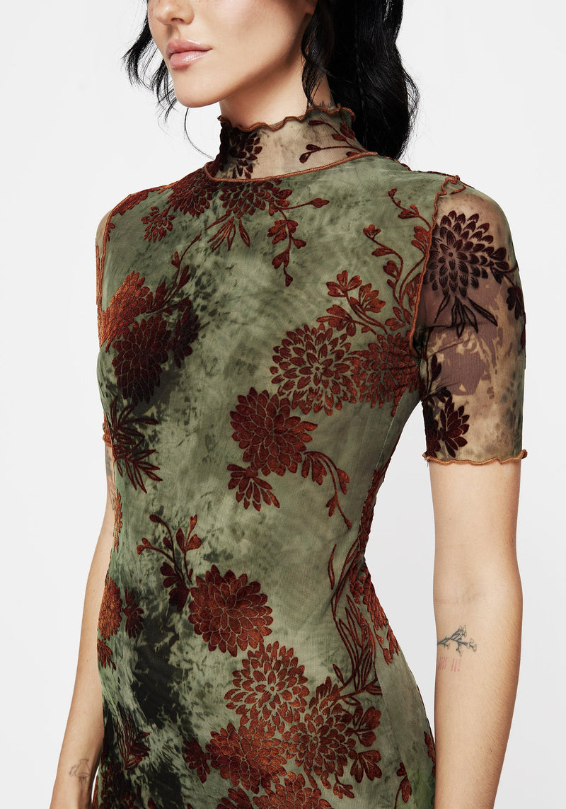 Rosaleigh Flock Velour Mesh Short Sleeved Midaxi Dress