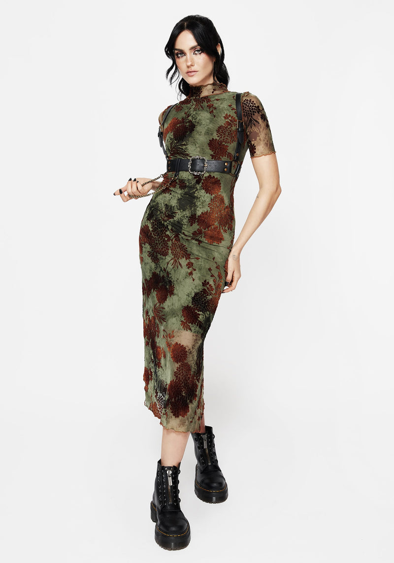 Rosaleigh Flock Velour Mesh Short Sleeved Midaxi Dress