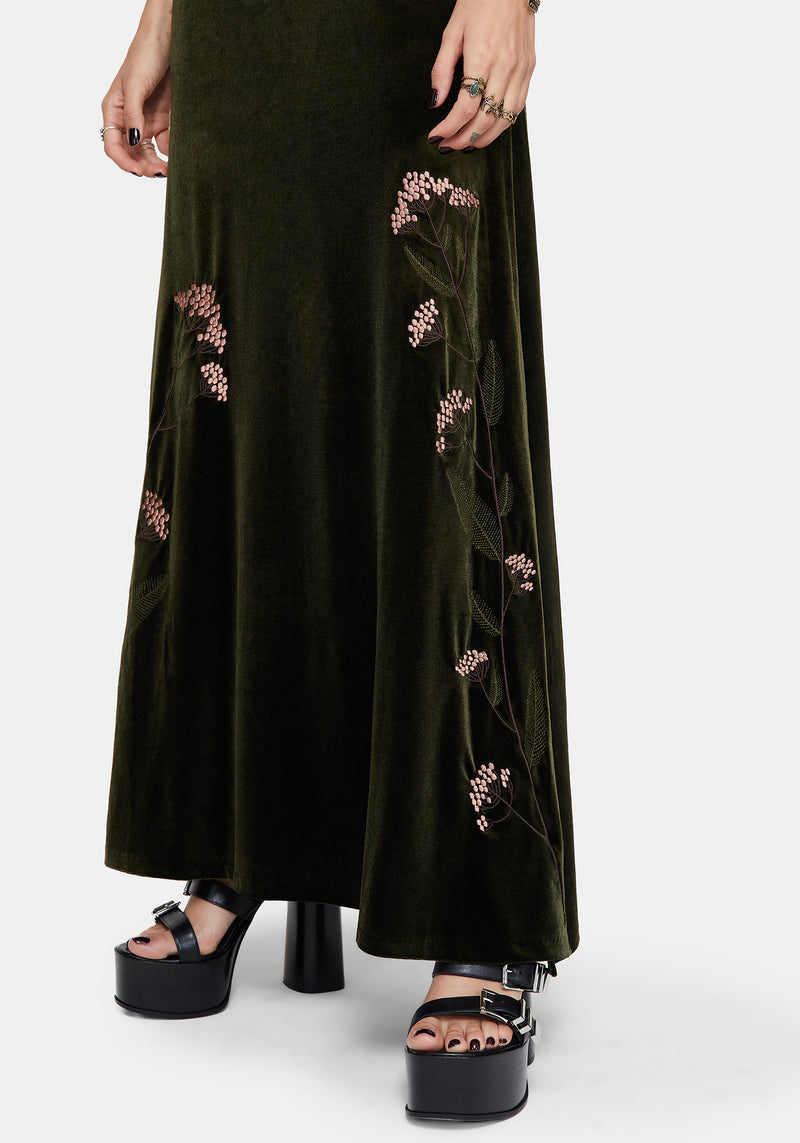 Virosa Floral Embroidered Velour Gown - Green
