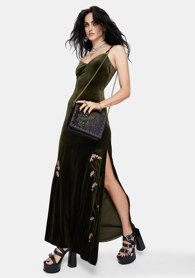 Virosa Floral Embroidered Velour Gown - Green
