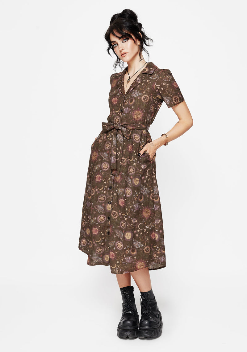 Rhea Cotton Blend Moth and Moon Print Midi Shirt Dress