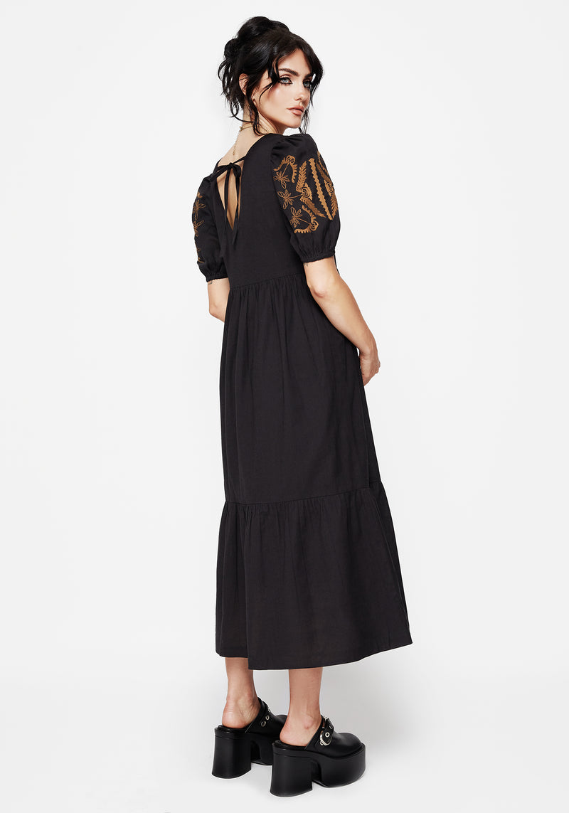 Emberflit Cotton Blend Moth Embroidered Smock Maxi Dress