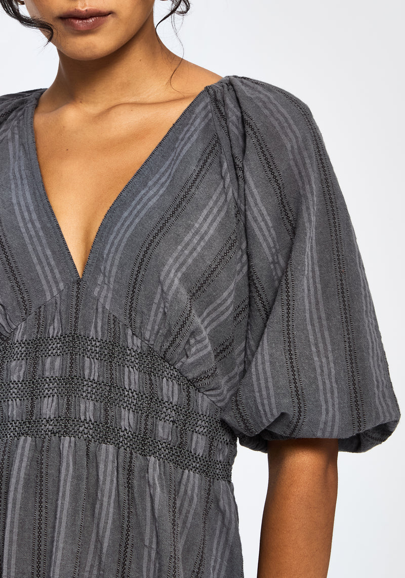 Grove Cotton Stripe Long Sleeve Shirred Tie Back Midaxi Dress