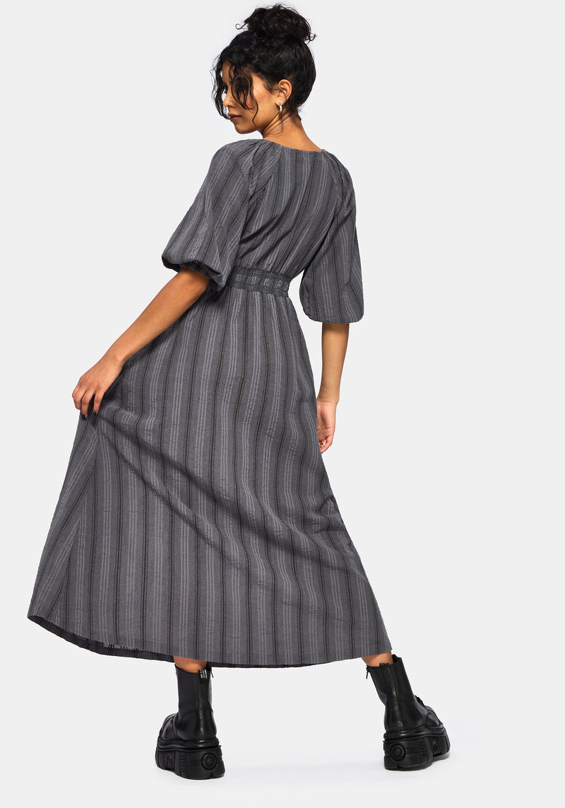 Grove Cotton Stripe Long Sleeve Shirred Tie Back Midaxi Dress