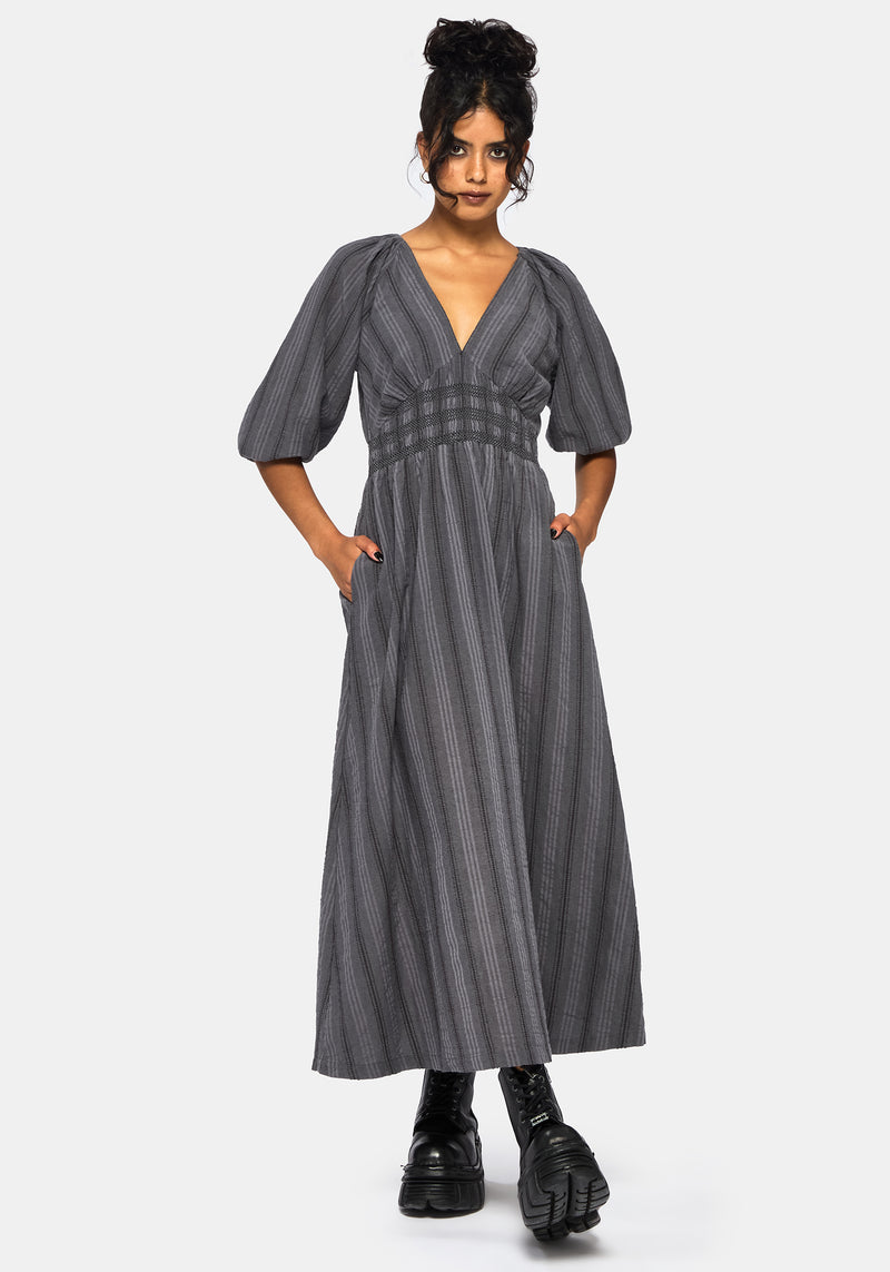 Grove Cotton Stripe Long Sleeve Shirred Tie Back Midaxi Dress