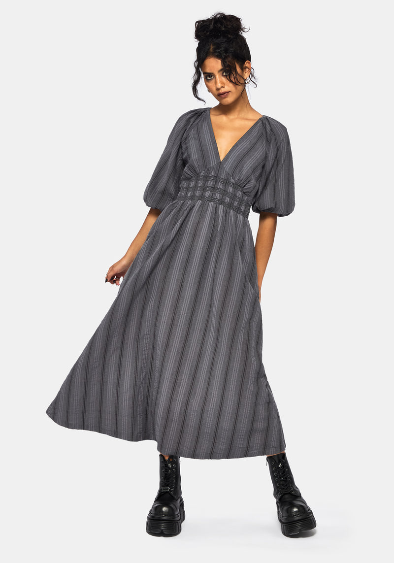 Grove Cotton Stripe Long Sleeve Shirred Tie Back Midaxi Dress