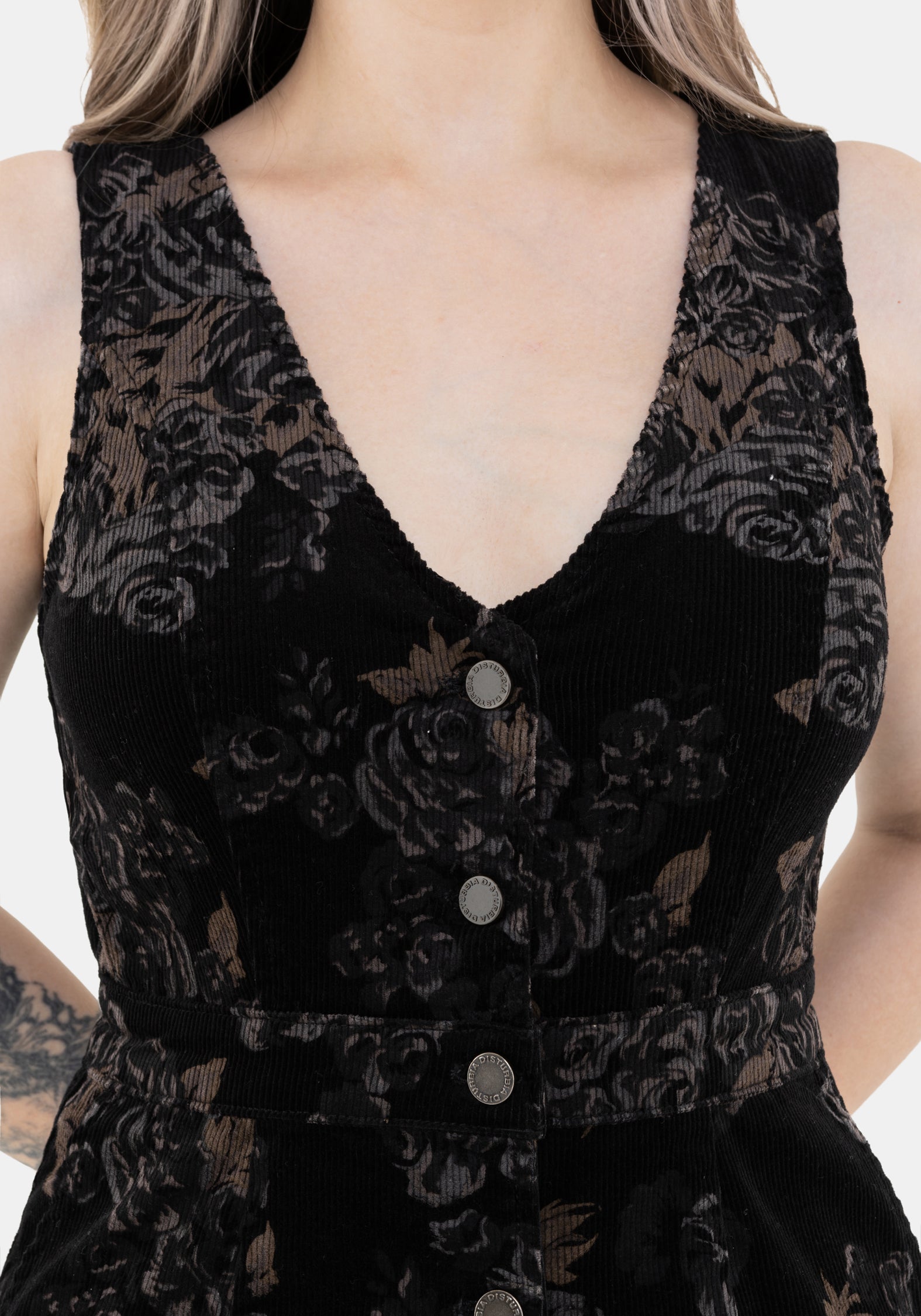 Fleur Corduroy Deep V Neck Floral Print Mini Dress