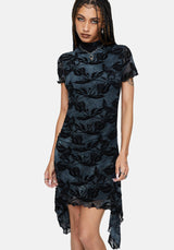 Bryn Floral Flocked Mesh Hanky Hem Mini Dress