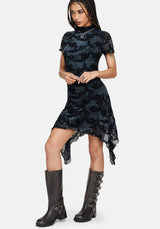 Bryn Floral Flocked Mesh Hanky Hem Mini Dress