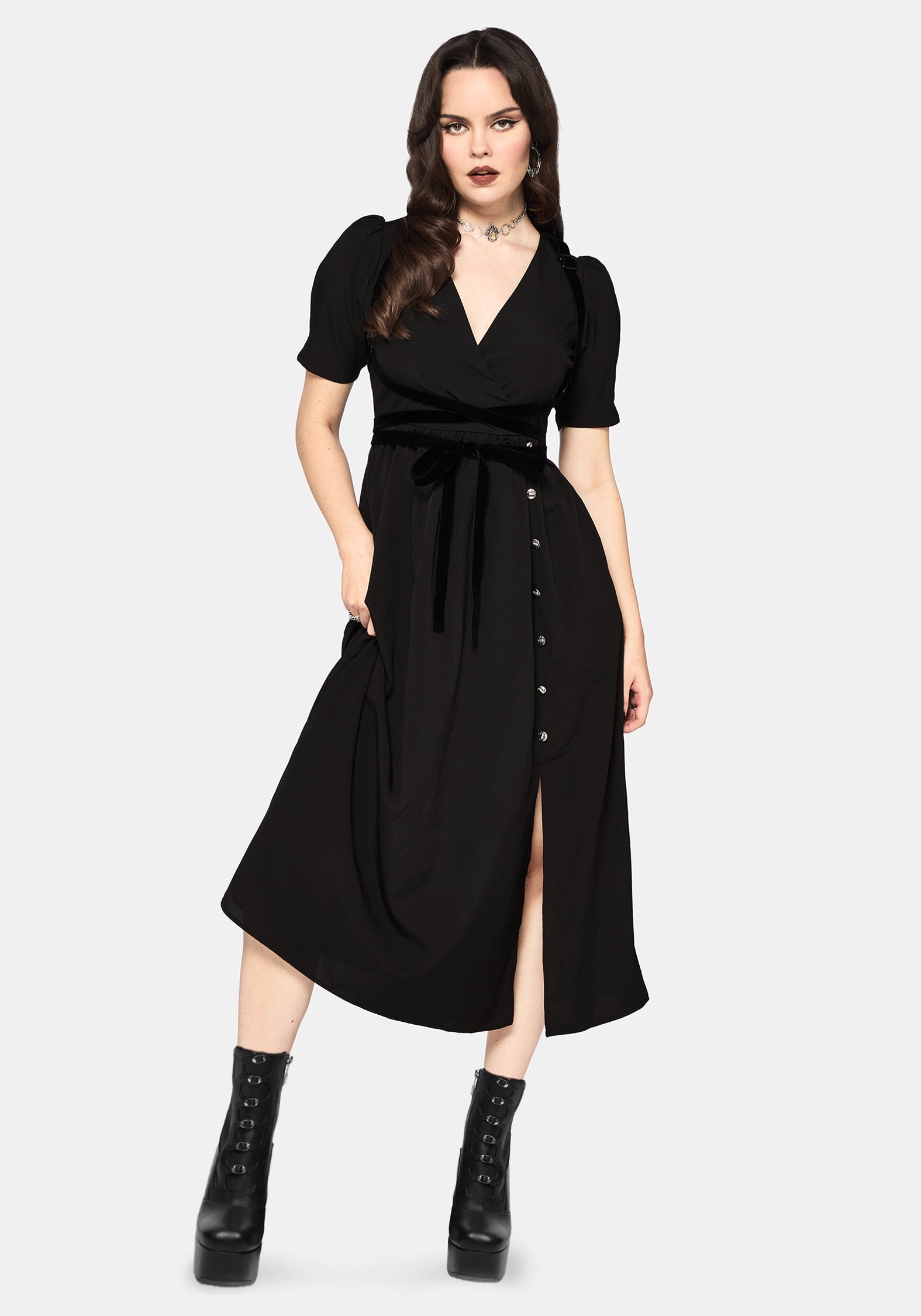 Brae Wrap Puff Sleeve Centipede Button Midaxi Dress