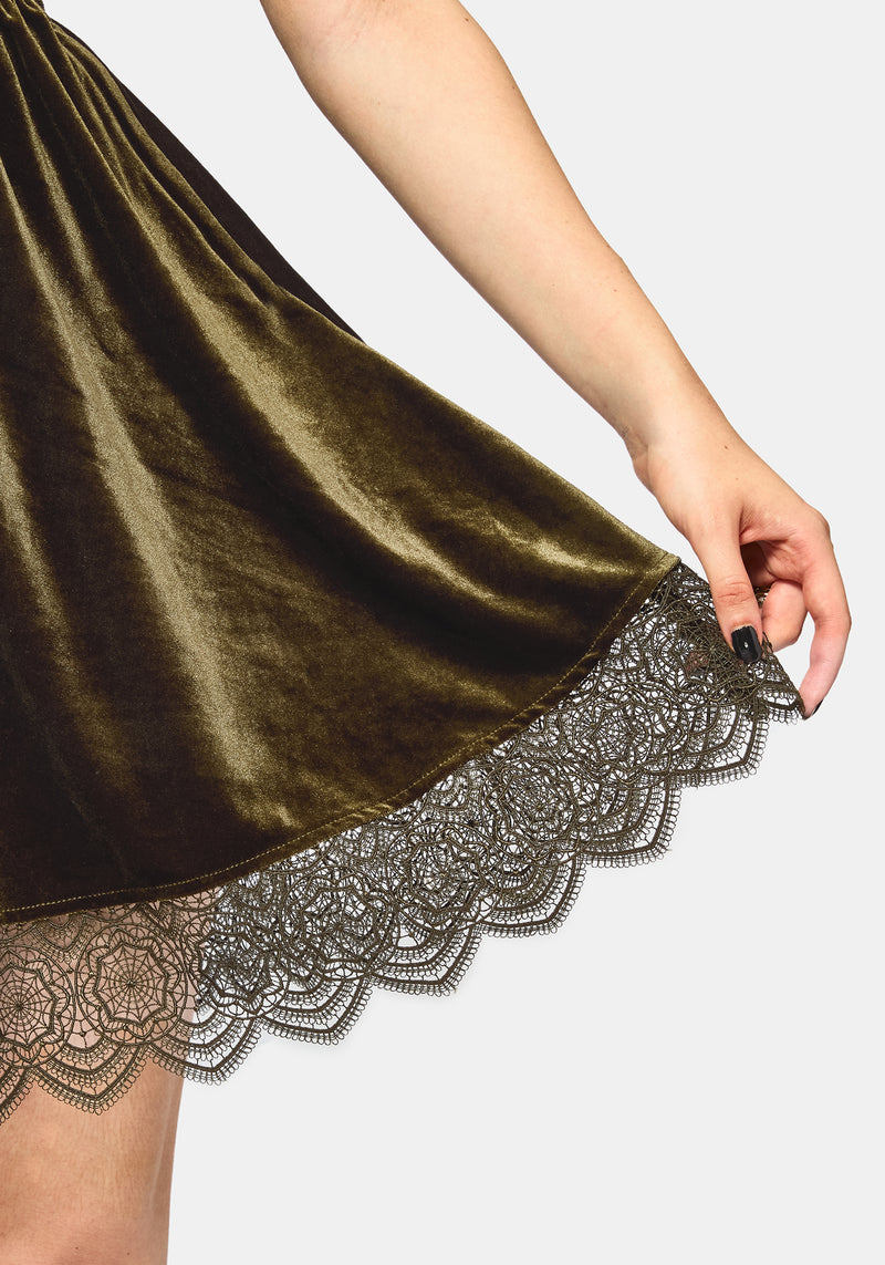 Orbweb Lace Hem Velour Mini Dress - Dark Green