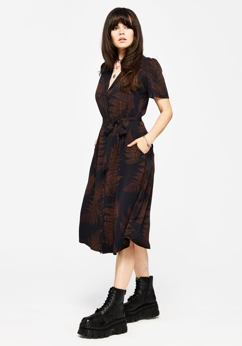 Ruin Fern Printed Midi Shirt Dress - Brown