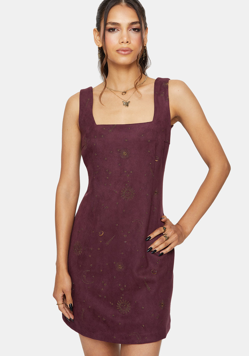 Rosia Celestial Print Suede A-Line Mini Dress