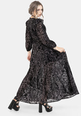 Thorned Flocked Chiffon Castle Print Frill Neck Maxi Dress