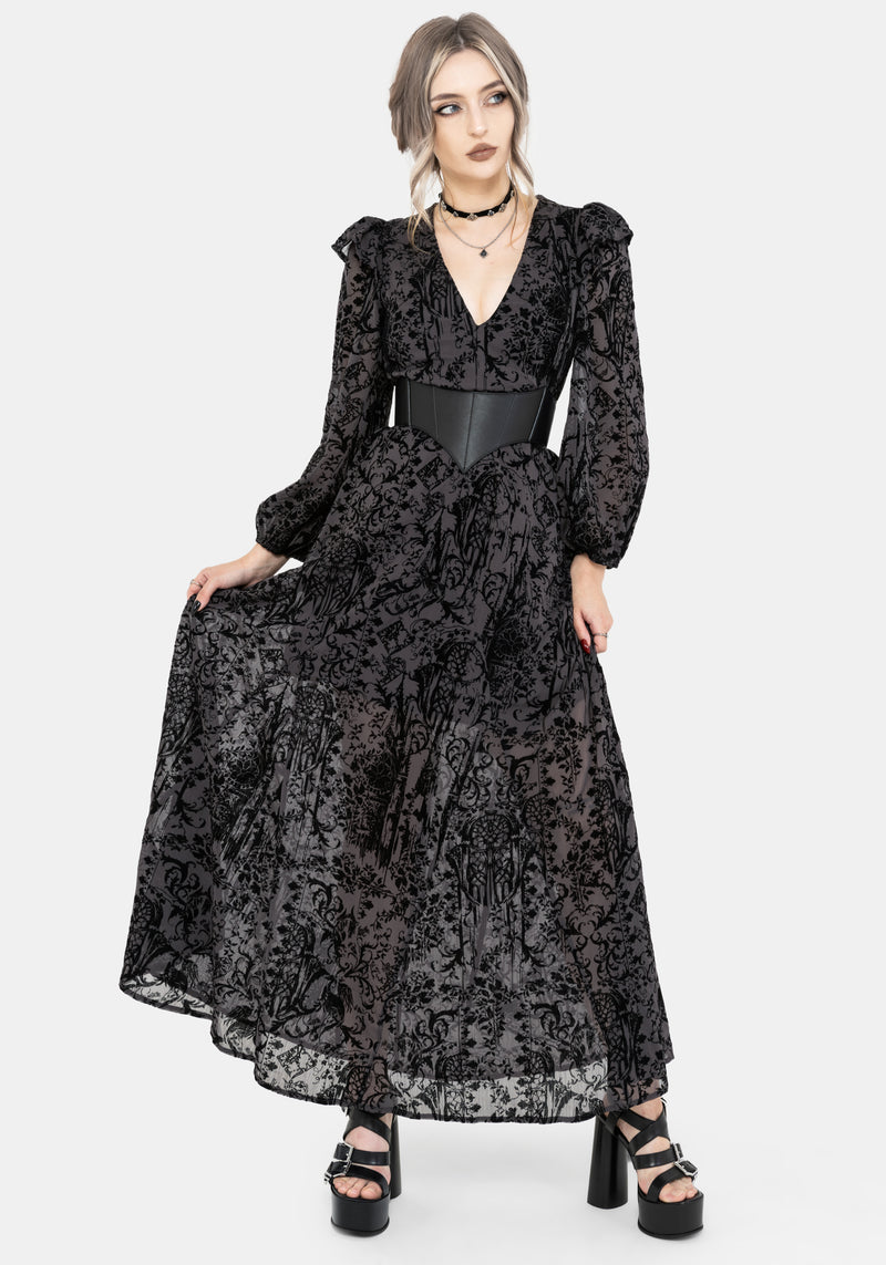 Thorned Flocked Chiffon Castle Print Frill Neck Maxi Dress