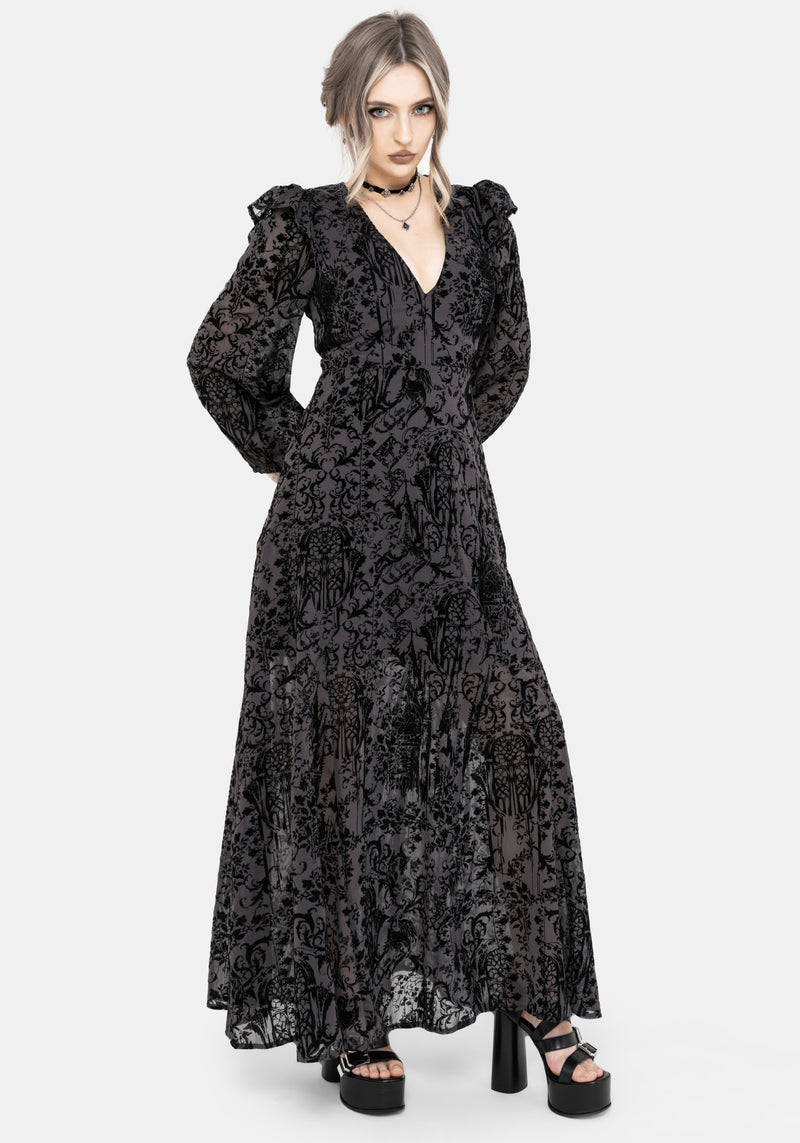 Thorned Flocked Chiffon Castle Print Frill Neck Maxi Dress