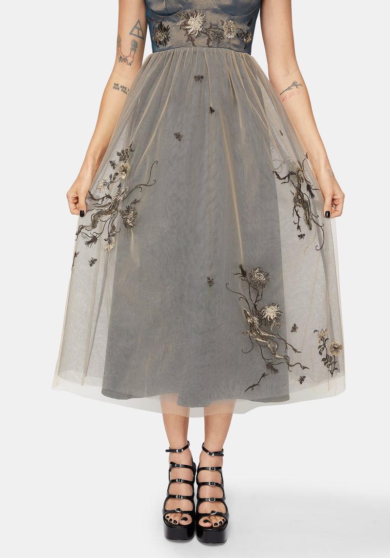 Whim Dragon Embroidered Tulle Midaxi Dress