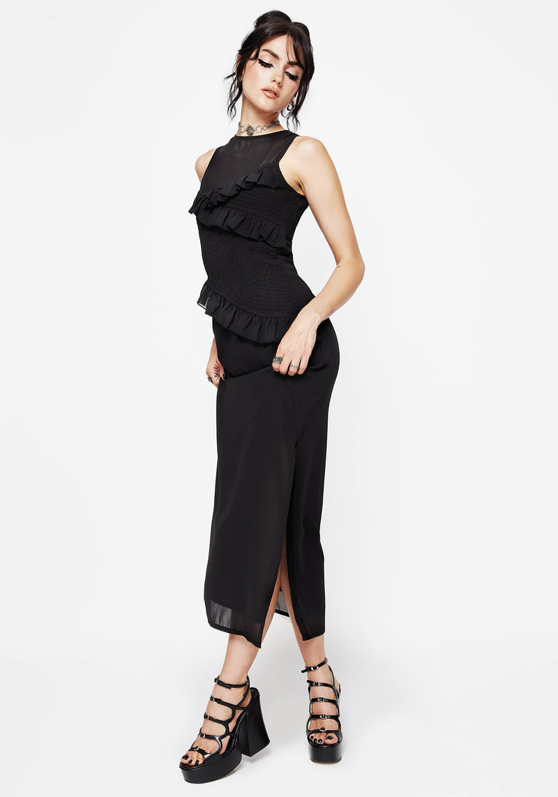 Reflections Black Frill Detail Sleeveless Maxi Dress