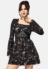 Crimson Magpie and Moth Print Mini Ruffle Dress