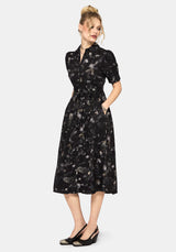 Crimson Magpie and Moth Print Midi Shirt Dress