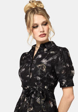 Crimson Magpie and Moth Print Midi Shirt Dress