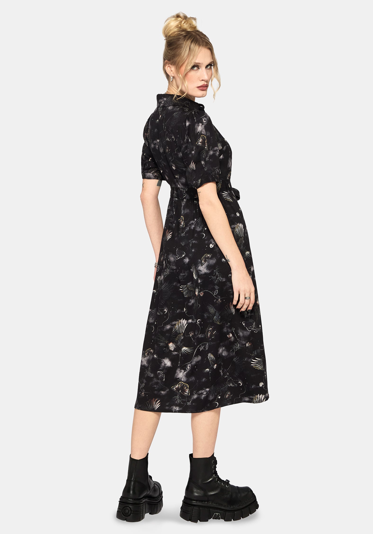 Crimson Magpie and Moth Print Midi Shirt Dress